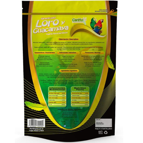 Alimento Completo para Loros Pericos Y Guacamayas Marca Cariño 750 Gr. CR9293