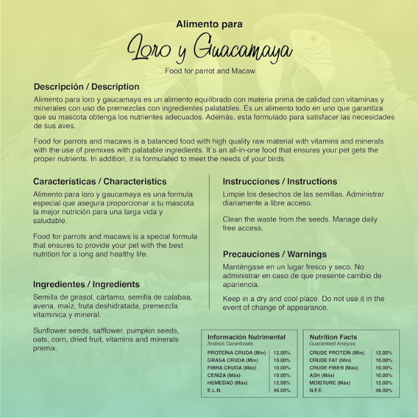 Alimento Completo para Loros Pericos Y Guacamayas Marca Cariño 750 Gr. CR9293